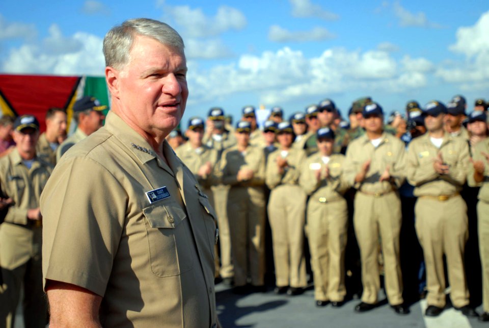 US Navy 071012-N-4238B-095 Chief of Naval Operations (CNO) Adm. Gary Roughead speaks with crew members aboard the hospital ship USNS Comfort (T-AH 20)