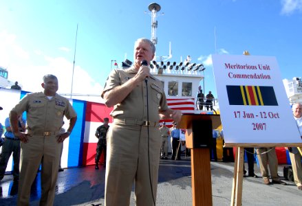 US Navy 071012-N-0194K-105 Chief of Naval Operations (CNO) Adm. Gary Roughead congratulates crew members aboard the hospital ship USNS Comfort (T-AH 20) photo