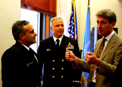US Navy 071004-N-7163S-001 Command Master Chief Ross Garcia and Chief Warrant Officer Douglas Fasseel Both assigned to Mobile Diving and Salvage Unit (MDSU) 2 meets with Minneapolis Mayor R.T. Rybak at City Hall