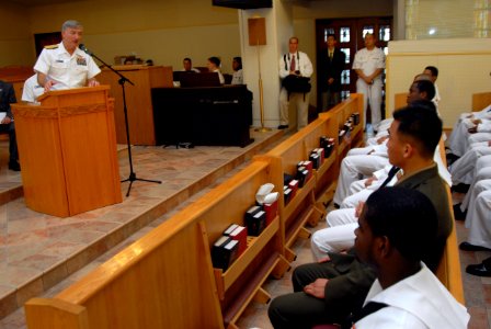 US Navy 071005-N-4399G-007 Rear Adm. James D. Kelly, command of U.S. Naval Forces Japan, addresses the audience of 68 newly naturalized Sailors during a naturalization ceremony held at the Commander Fleet Activities Yokosuka ba
