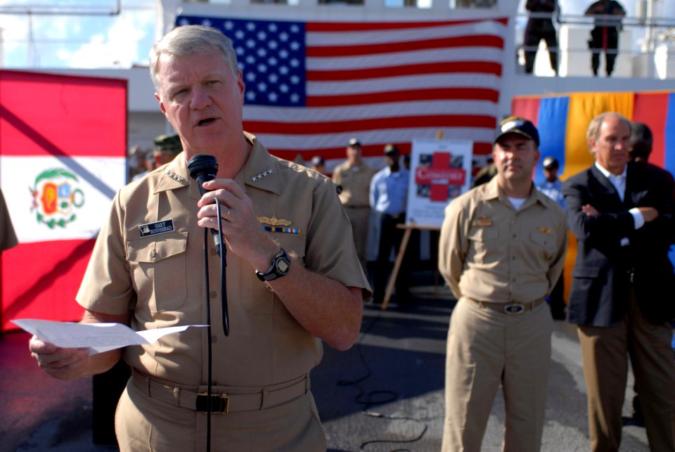 US Navy 071012-N-4238B-239 Chief of Naval Operations (CNO) Adm. Gary Roughead reads a personal letter from Secretary of State, Condoleezza Rice, congratulating the crew of the hospital ship USNS Comfort (T-AH 20)
