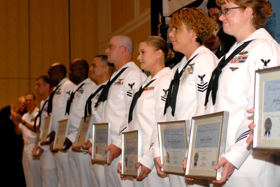 US Navy 071011-N-8907D-037 Nine finalists stand before the crowd at the Norfolk Waterside Marriot after being nominated for Military Citizen of the Year (MCOY)