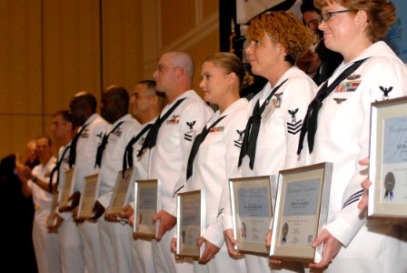 US Navy 071011-N-8907D-037 Nine finalists stand before the crowd at the Norfolk Waterside Marriot after being nominated for Military Citizen of the Year (MCOY)