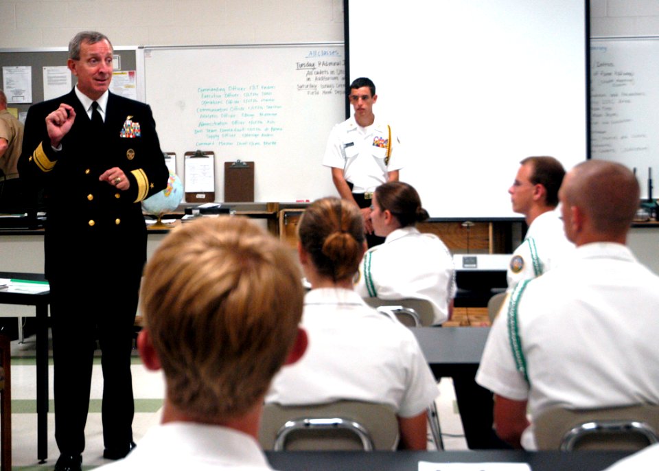 US Navy 071016-N-5208T-002 Rear Adm. Gary Jones, commander of Naval Education and Training Command, discusses training opportunities with Cary High School Navy Junior Reserve Officers' Training Corps cadets