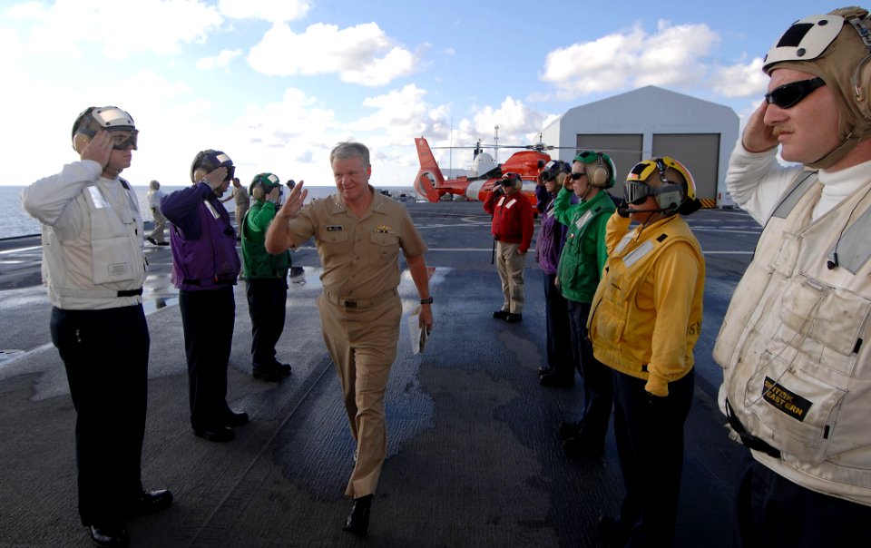 US Navy 071012-N-0194K-004 Chief of Naval Operations (CNO) Adm. Gary Roughead is welcomed aboard the hospital ship USNS Comfort (T-AH 20)