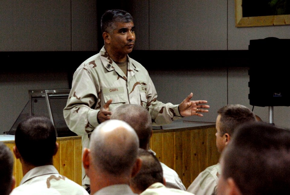 US Navy 071017-N-9643K-057 Master Chief Petty Officer of the Navy, Joe Campa, talks with Sailors during a visit to Balad Air Force Base. MCPON was traveling with the Chief of Naval Operations to various sites around Iraq to vis