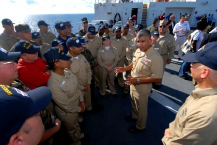 US Navy 071012-N-8704K-097 Master Chief Petty Officer of the Navy (MCPON) Joe Campa speaks with the chief's mess aboard the hospital ship USNS Comfort (T-AH 20) photo