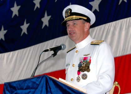 US Navy 071012-N-1522S-003 Rear Adm. Mark S. Boensel, commander of Navy Region Southeast, gives thanks to the troops for their support during Navy Region Southeast's change of command ceremony photo