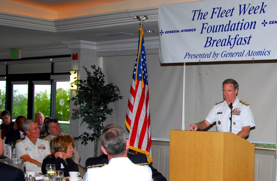 US Navy 071017-N-4995K-060 Adm. Patrick Walsh, Vice Chief of Naval Operations, speaks about the Cooperative Strategy for a 21st Century Sea Power during a fleet week foundation breakfast at the Adm. Kidd club on board Naval Bas