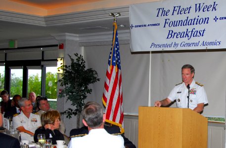 US Navy 071017-N-4995K-060 Adm. Patrick Walsh, Vice Chief of Naval Operations, speaks about the Cooperative Strategy for a 21st Century Sea Power during a fleet week foundation breakfast at the Adm. Kidd club on board Naval Bas