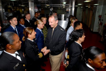 US Navy 071015-N-8704K-039 Adm. Jonathan Greenert, commander of Fleet Forces Command, shakes hands with crewmembers aboard the Military Sealift Command hospital ship USNS Comfort (T-AH 20)