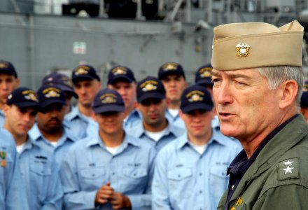 US Navy 071015-N-0807W-050 Rear Adm. James D. Kelly, commander of U.S. Naval Forces Japan, speaks to Sailors of USS Patriot (MCM 7) and USS Guardian (MCM 5) during an awards ceremony at Fleet Activities Yokosuka photo