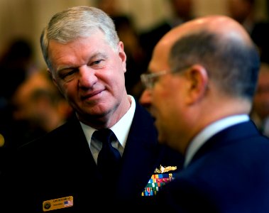 US Navy 071018-N-6932B-003 Chief of Naval Operations (CNO) Adm. Gary Roughead chats with Secretary of the Navy (SECNAV), the Honorable Dr. Donald C. Winter minutes prior to Winter's address to the leaders of maritime forces fro