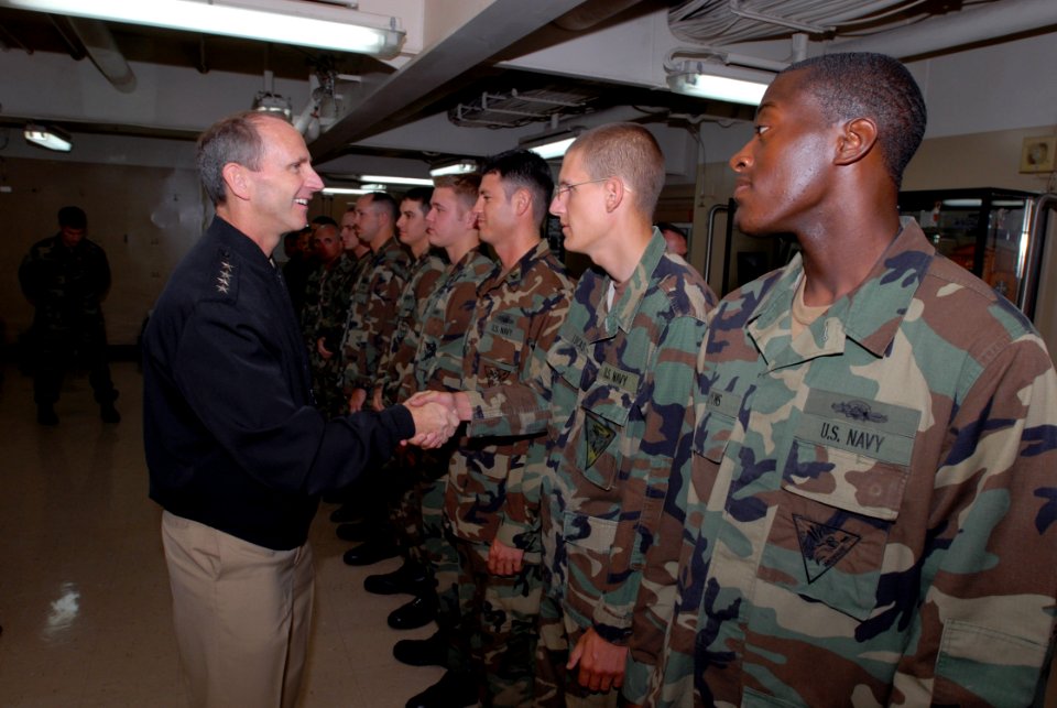 US Navy 071015-N-8704K-076 Adm. Jonathan Greenert, commander of Fleet Forces Command, shakes hands with Sailors aboard the Military Sealift Command hospital ship USNS Comfort (T-AH 20)