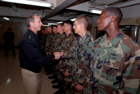 US Navy 071015-N-8704K-076 Adm. Jonathan Greenert, commander of Fleet Forces Command, shakes hands with Sailors aboard the Military Sealift Command hospital ship USNS Comfort (T-AH 20)