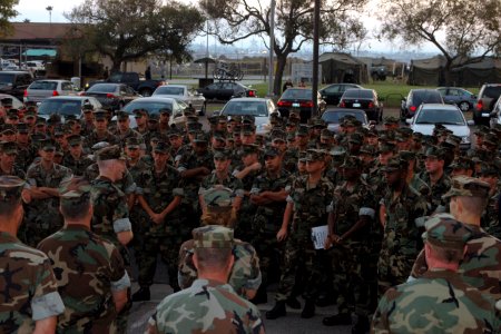 US Navy 071023-N-4973M-002 Capt. Jim Wink, commanding officer of Amphibious Construction Battalion (ACB) 1, addresses Sailors during morning formation on issues related to the San Diego wildfires and ACB-1's role in support of photo