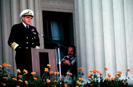 US Navy 071018-N-0000X-002 Navy file photo of Adm. William J. Crowe Jr., chairman of Joint Chiefs of Staff, standing on the portico of the National Archives Building as he addresses the crowd attending the dedication of the U.S photo