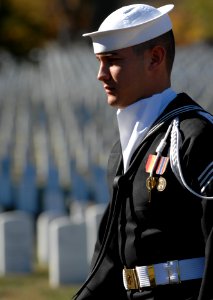 US Navy 071021-N-2653P-045 A member of the Navy Ceremonial Guard walks through Arlington National Cemetery as he escorts Daniel and Maureen Murphy, the parents of Navy SEAL Lt. Michael Murphy