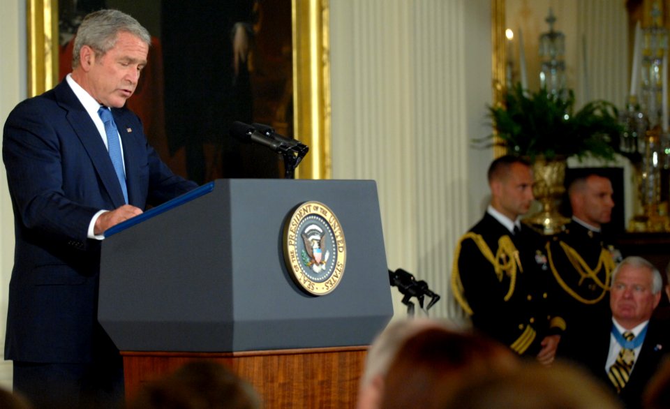 US Navy 071022-N-2653P-203 President George W. Bush delivers his remarks during the Medal of Honor ceremony recognizing the actions of Navy SEAL Lt. Michael Murphy