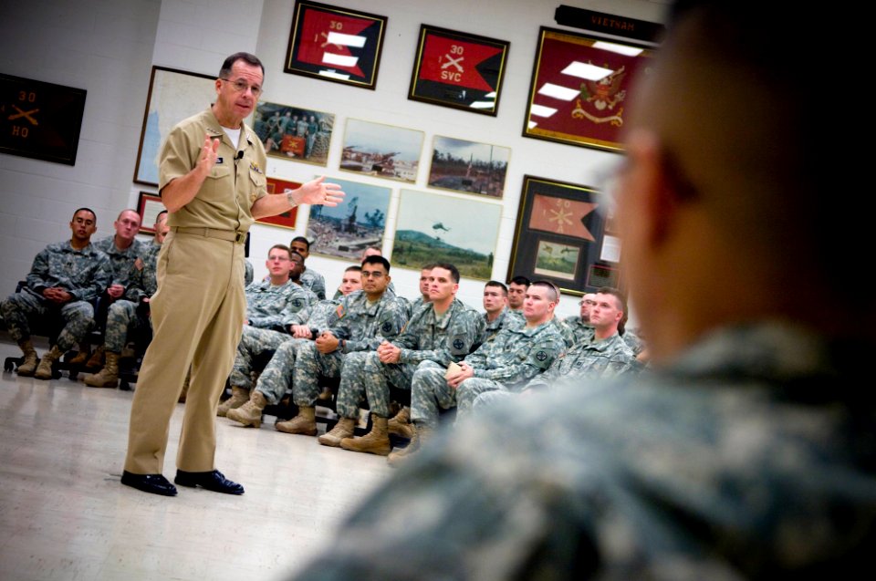 US Navy 071023-N-0696M-051 Chairman of the Joint Chiefs of Staff, U.S. Navy Adm. Mike Mullen answers questions at an all hands call with students assigned to the Captains Career course at Ft. Sill, Lawton, Okla