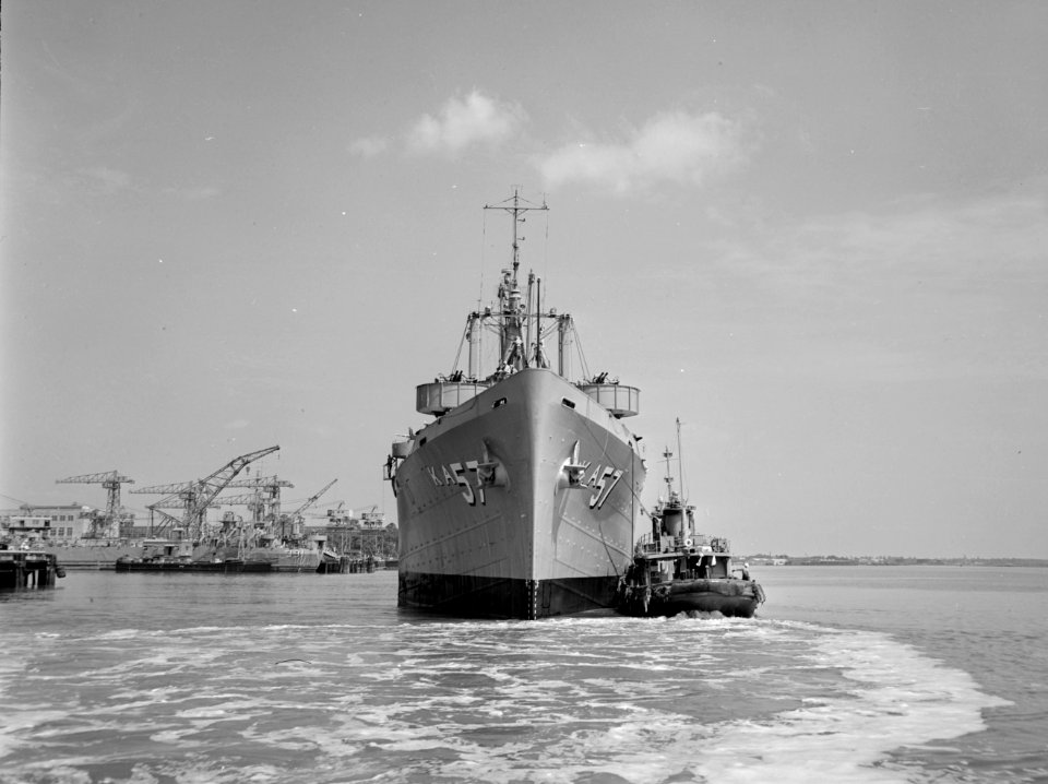 USS Capricornus (AKA-57) off the Norfolk Naval Shipyard on 10 June 1954