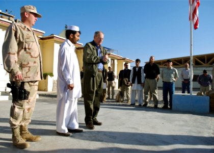 US Navy 071029-N-3385W-001 U.S. Ambassador to Afghanistan William Wood visits Provincial Reconstruction Team Khost to meet with Soldiers, Sailors and Afghans helping to win the war in Afghanistan photo