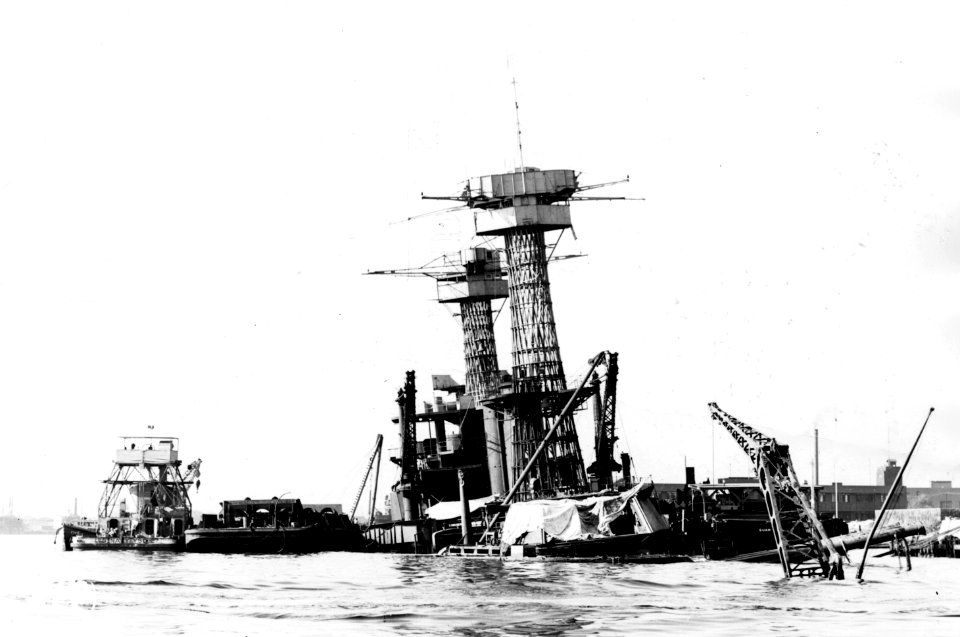USS California (BB-44) during salvage at Pearl Harbor early 1942