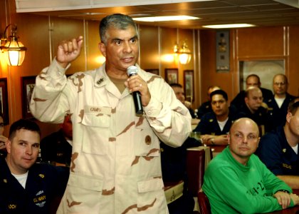 US Navy 071029-N-1598C-171 Master Chief Petty Officer of the Navy (MCPON) Joe R. Campa Jr. addresses the chief petty officers aboard nuclear-powered aircraft carrier USS Enterprise (CVN 65) photo