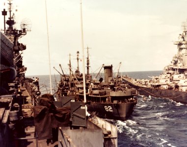 USS Cahaba (AO-82) refueling USS Iowa (BB-61) and USS Shangri-La (CV-38) in 1945