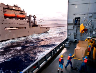 US Navy 090624-N-9689V-005 Civil Service Mariners receive cargo aboard the the Military Sealift Command dry cargo-ammunition ship USNS Richard E. Byrd (T-AKE 4) from the Military Sealift Command dry cargo-ammunition ship USNS A