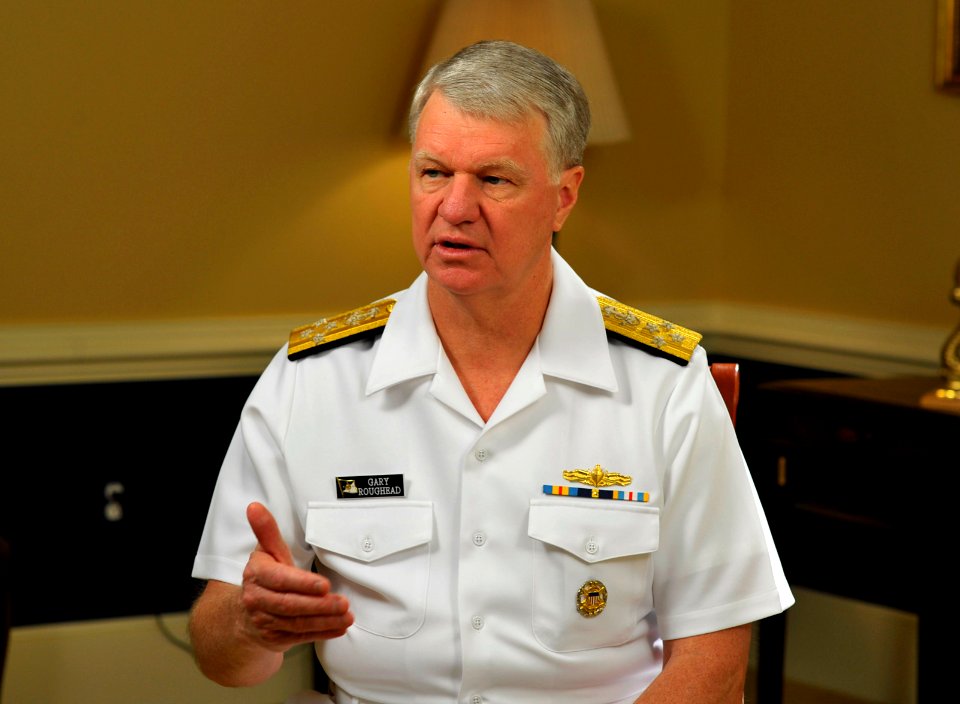 US Navy 090626-N-8273J-003 Chief of Naval Operations (CNO) Adm. Gary Roughead is interviewed by Mass Communication Specialist 2nd Class Rebekah Blowers during a podcast to discuss summer safety