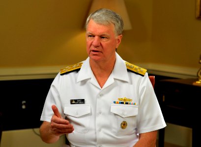 US Navy 090626-N-8273J-003 Chief of Naval Operations (CNO) Adm. Gary Roughead is interviewed by Mass Communication Specialist 2nd Class Rebekah Blowers during a podcast to discuss summer safety