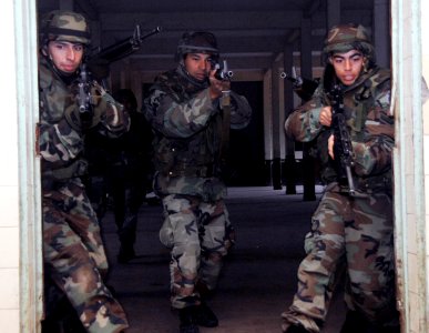 US Navy 090629-A-1839I-089 Members of the Navy of the Argentine Republic naval infantry practice room-clearing procedures in Puerto Belgrano during a training session with U.S. Marines