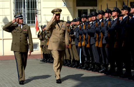 US Navy 090629-N-0628M-107 Adm. Mike Mullen, chairman of the Joint Chiefs of Staff, is welcomed to Warsaw, Poland by Gen. Frankciszek Gagor, chief of the General Staff of the Polish Armed Forces, with a full honors ceremony photo