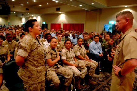 US Navy 090630-N-9818V-342 Master Chief Petty Officer of the Navy (MCPON) Rick West takes a question from a Sailor during an all-hands call at Camp Kinser photo