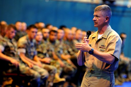 US Navy 090630-N-9818V-068 Master Chief Petty Officer of the Navy (MCPON) Rick West takes questions during an all-hands call from Seabees and Sailors assigned to Patrol Squadron (VP) 45