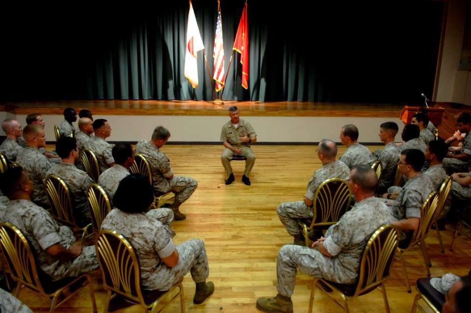 US Navy 090630-N-9818V-250 Master Chief Petty Officer of the Navy (MCPON) Rick West speaks with Sailors during an all-hands call at Camp Hansen