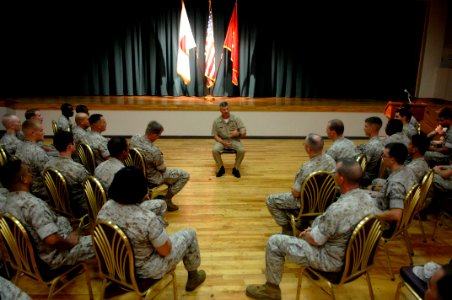 US Navy 090630-N-9818V-250 Master Chief Petty Officer of the Navy (MCPON) Rick West speaks with Sailors during an all-hands call at Camp Hansen