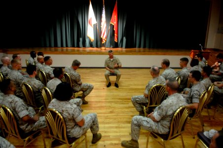 US Navy 090630-N-9818V-250 Master Chief Petty Officer of the Navy (MCPON) Rick West speaks with Sailors during an all-hands call at Camp Hansen photo