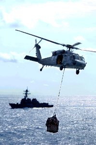 US Navy 090630-N-4995K-108 An MH-60S Sea Hawk helicopter assigned to the Blackjacks of Helicopter Sea Combat Squadron (HSC) 21 carries a cargo pendant