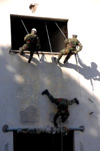 US Navy 090630-A-1839I-123 Navy of the Argentine Republic naval infantry demonstrate for the 2nd Marine Expeditionary Forces how they would enter a building through the window