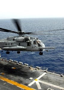 US Navy 090701-N-3165S-052 An MH-53 Sea Stallion, from Marine Medium Tilt-rotor Squadron 263 (Reinforced), takes off from the amphibious assault ship USS Bataan (LHD 5)