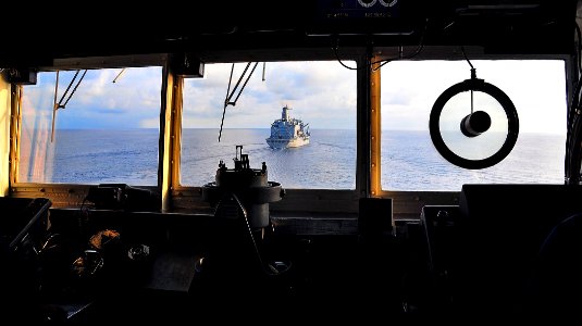 US Navy 090702-N-4774B-019 Fleet replenishment oiler USNS Tippecanoe (T-AO 199) viewed from the guided-missile cruiser USS Lake Champlain (CG 57) during an approach for an underway replenishment