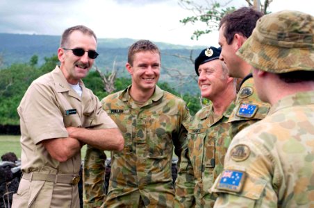 US Navy 090703-N-9689V-007 Reserve Deputy and Chief of Staff, U.S. Pacific Fleet, Rear Adm. Robin M. Watters greets an Australian Army engineering contingent