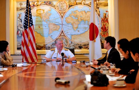 US Navy 090704-N-8273J-007 Chief of Naval Operations (CNO) Adm. Gary Roughead answers questions during a media availability while visiting Tokyo