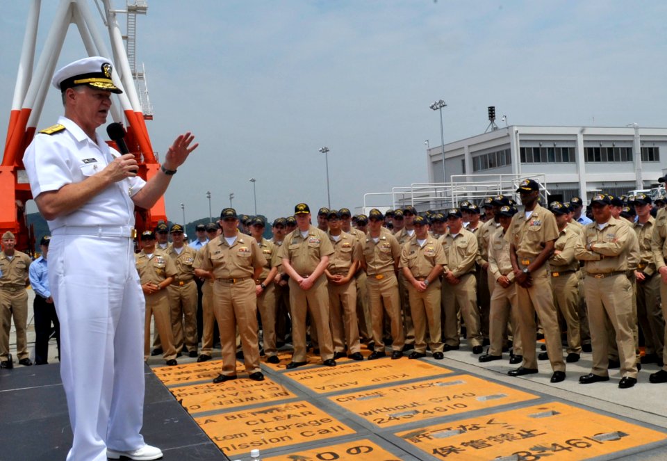 US Navy 090704-N-8273J-076 Chief of Naval Operations (CNO) Adm. Gary Roughead speaks with sailors during an all-hands call in Yokuska, Japan