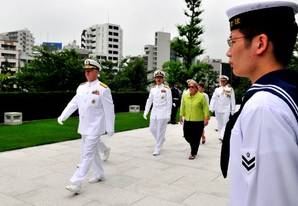 US Navy 090703-N-8273J-174 Chief of Naval Operations (CNO) Adm. Gary Roughead participates in a wreath laying ceremony during a visit to Ichigaya in Tokyo