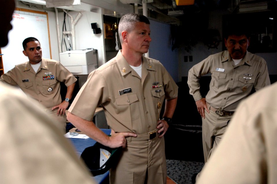 US Navy 090703-N-9818V-107 Master Chief Petty Officer of the Navy (MCPON) Rick West speaks with the chief's mess aboard the guided-missile destroyer USS Curtis Wilbur (DDG 54)