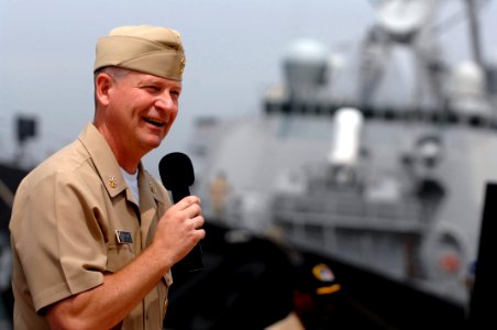 US Navy 090704-N-9818V-145 Master Chief Petty Officer of the Navy (MCPON) Rick West address Sailors from the guided-missile destroyer USS Decatur (DDG 73), the guided-missile USS Michigan submarine (SSGN 727) photo