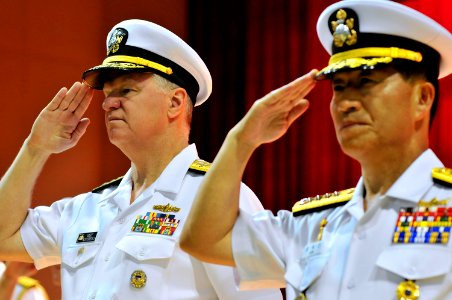 US Navy 090707-N-8273J-277 Chief of Naval Operations (CNO) Adm. Gary Roughead participates in an official honors ceremony and is escorted by Adm. Jung, Ok-Keun, Chief of Naval Operations of the Republic of Korea Navy photo